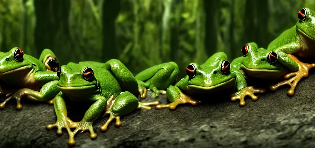 Prompt: lord of the rings with frogs, cinematic still, action shot, 8 k hdr