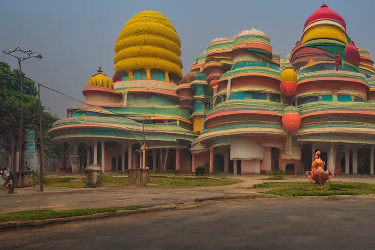 Prompt: beautiful dreamscape! biomorphic new delhi, hanuman!! head building, kalighat, octane photorealistic cinematic, stephen shore & john j. park, soft morning light, wide shot, high angle, uhd 8 k, deep focus