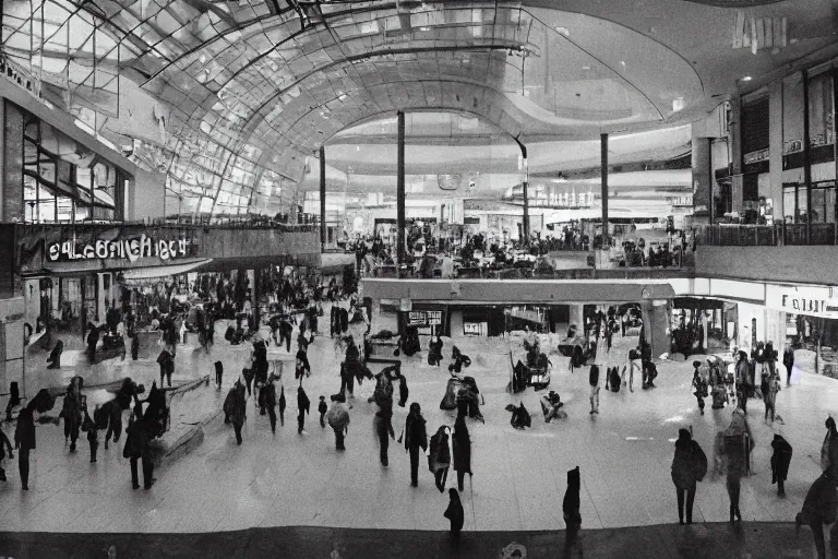 Image similar to decayed photograph of a dystopian shopping mall, bleakly lit with hunched over shoppers moving between the stores