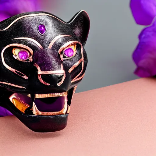 Prompt: panther with rose gold teeth and raw gems inlaid head, 3 / 4 pose, anatomical description, technically exposed, matte black, rose gold, amethyst, high coloration, ambient lightning, highly detailed, 8 k