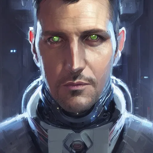 Image similar to portrait of a man by greg rutkowski, he looks like gabriel macht with cybernetic eyes, wearing a futuristic flying jacket, highly detailed portrait, scifi, digital painting, artstation, concept art, smooth, sharp foccus ilustration, artstation hq