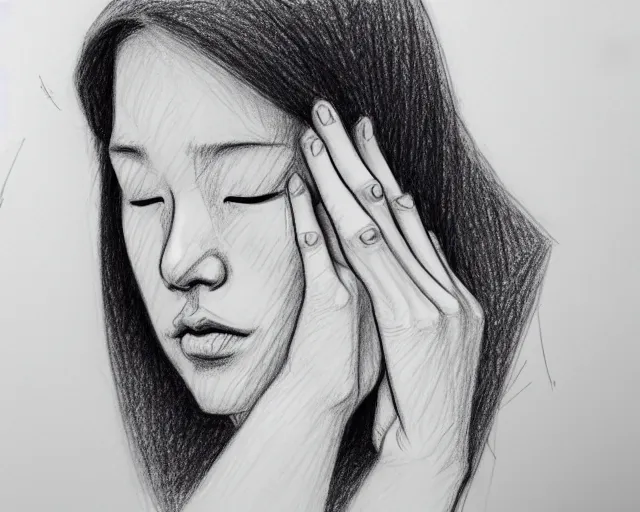 Prompt: a drawing of a woman covering her face with her hands, a sketch by choro choi, thick stroke, trending on artstation, context art, pencil sketch, high detail, kinetic