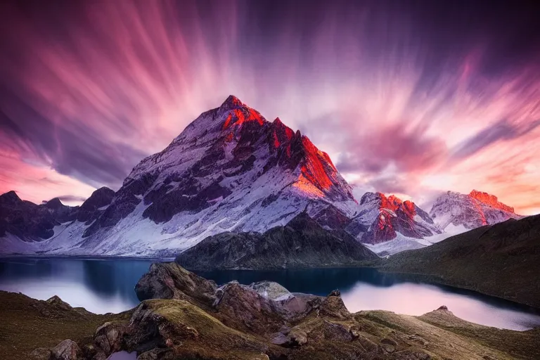 Prompt: amazing landscape photo of mountains with lake in sunset by marc adamus beautiful dramatic lighting