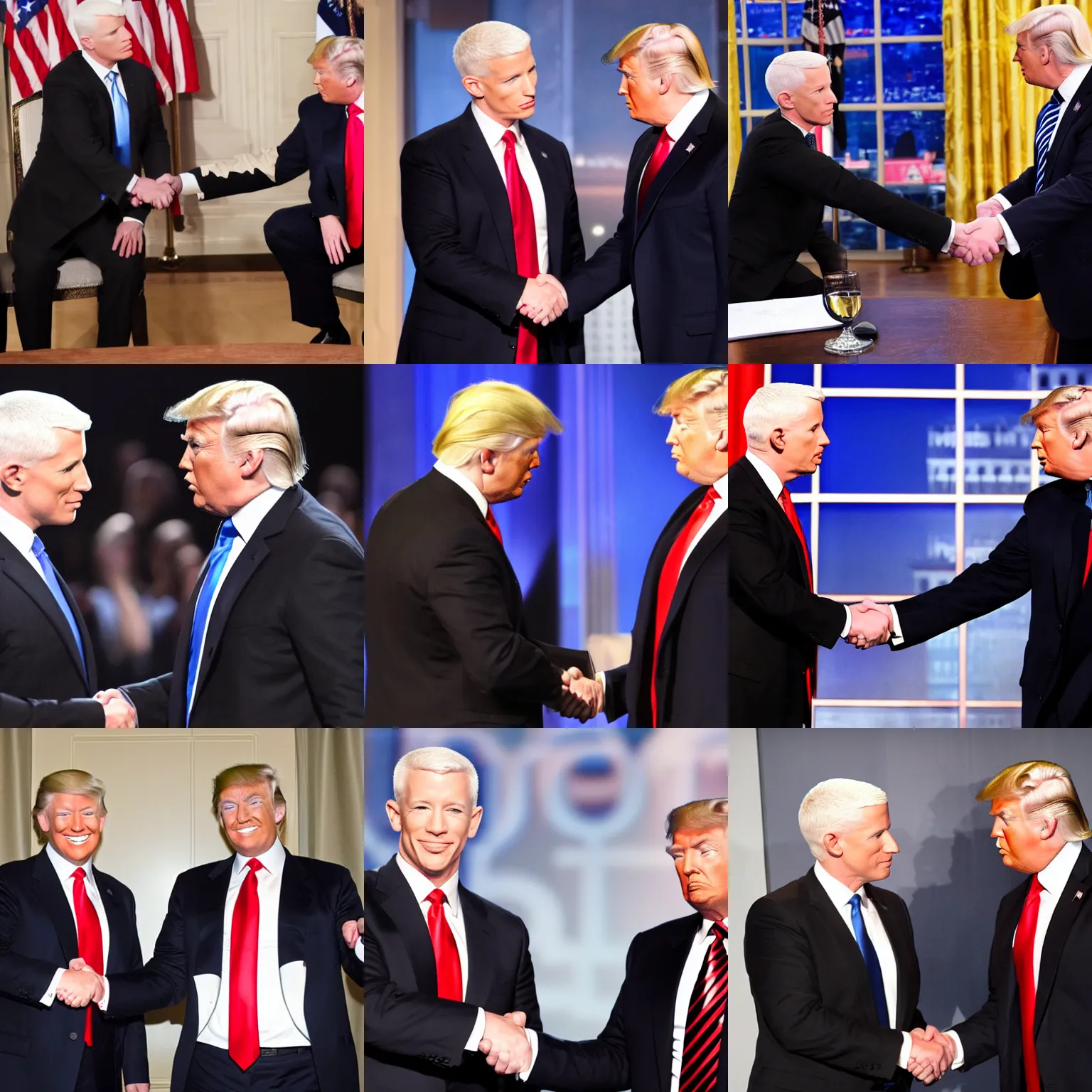 Image similar to anderson cooper and donald trump shaking hands