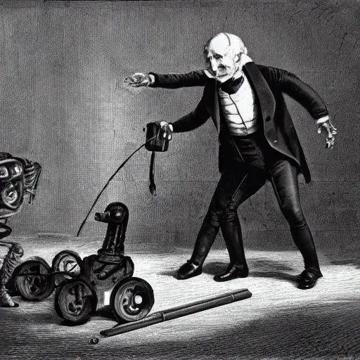 Prompt: robot attacking an old man , old photograph , 1824 , 4k , HD , realistic