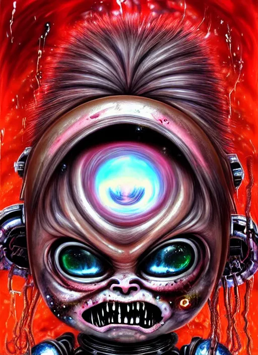 Prompt: a dramatic emotional hyperrealistic renaissance oil panting of a sad sobbing grotesque kawaii mecha musume figurine caricature screaming with a scrunched up red face uglycrying wrinkly with big pretty sparkling anime eyes featured in dead space by h r giger made of dripping paint splatters in the style of uzumaki, 🤬 🤮 💕 🎀