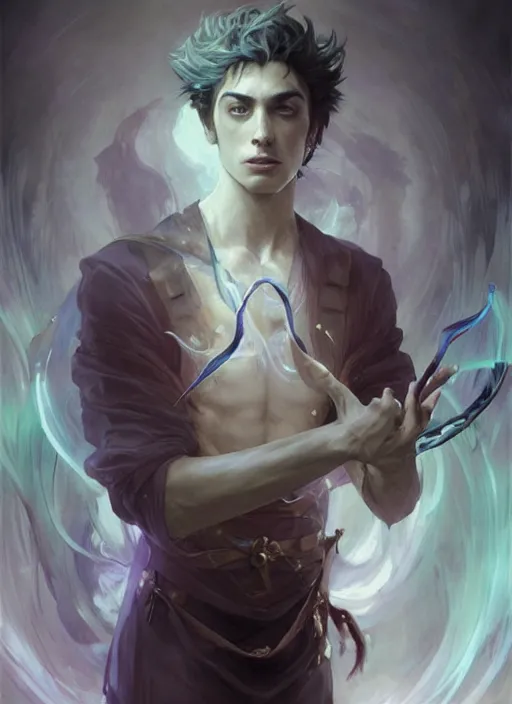 Image similar to character concept portrait of an attractive young Spanish wizard with white skin conjuring a flood spell, a floating iridescent spell book in the center, intricate, elegant, digital painting, concept art, smooth, sharp focus, illustration, from Metal Gear, by Ruan Jia and Mandy Jurgens and William-Adolphe Bouguereau, Artgerm