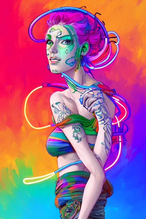 Image similar to a award winning portrait of a beautiful woman with stunning eyes in a one off shoulder croptop and cargo pants with rainbow colored hair, outlined by whirling illuminated neon lines and fine lines swirling in circles by jesper ejsing, digital art, trending on artstation