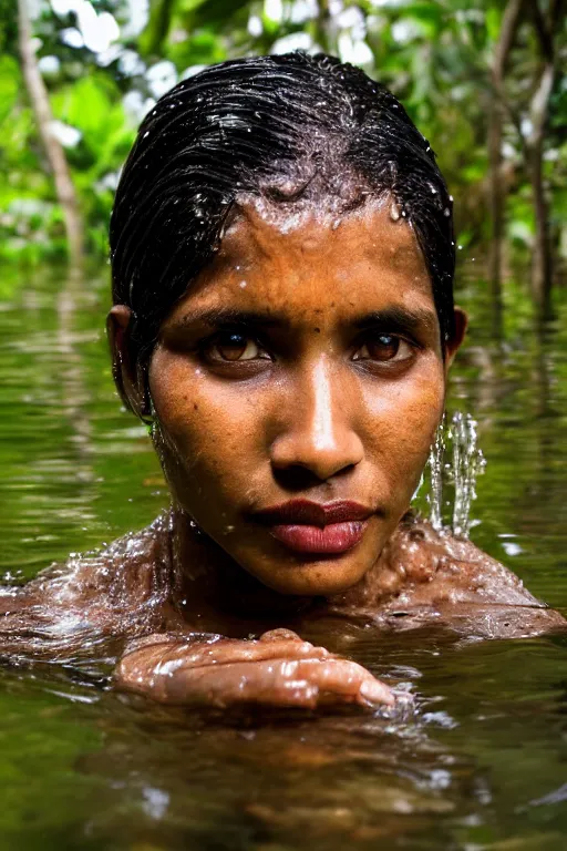 Image similar to a professional portrait photo of a sri lankan native jungle woman, submerged in water, black hair, hunter, extremely high fidelity, natural lighting