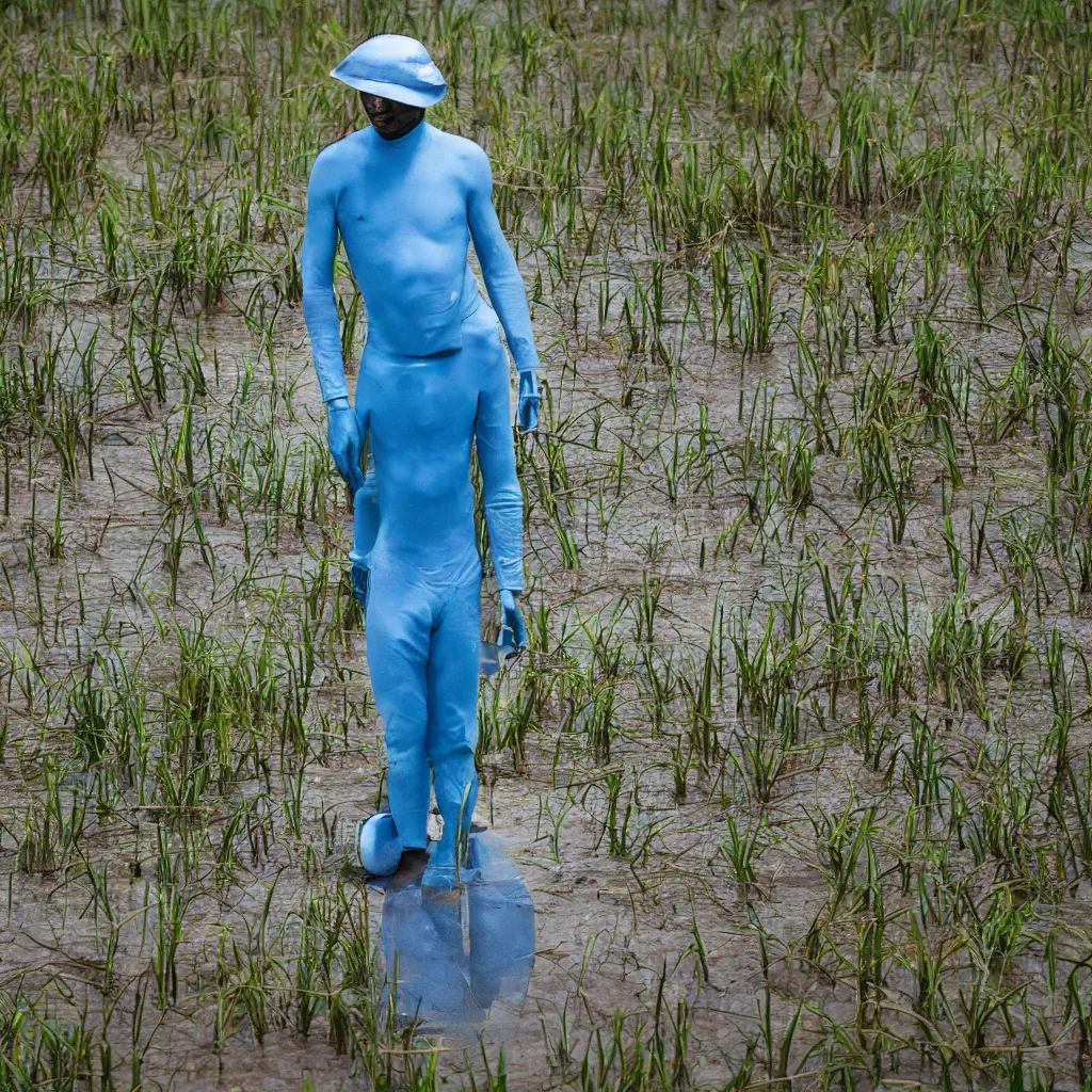 Prompt: Magazine style cover photo of a single blue skinned men, wearing a fiberglass hat on top of his head. Standing in a knee-deep swamp. Telephoto lens, f2.8