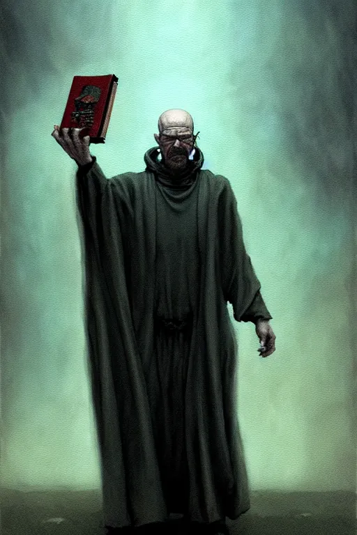 Image similar to painting of walter white as a cloaked tech priest holding a book, adeptus mechanicus!, cybernetic enhancements attached to his body, praise the omnissaiah, zdzislaw beksinski, lewis jones, mattias adolfsson, warhammer 4 0 k!!, cold hue's, warm tone gradient background, concept art, digital painting