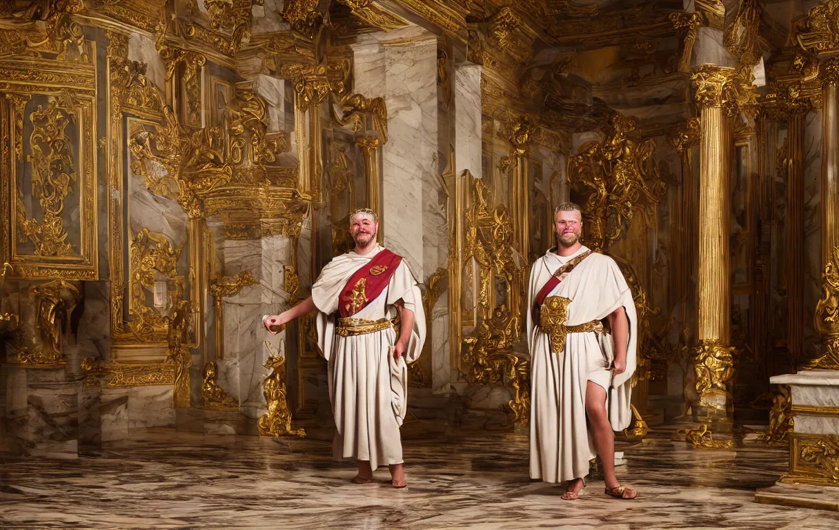 Prompt: professional studio photograph of a man wearing a roman emperor costume in a pristine marble palace with romans, photorealistic, dramatic lighting, intricate details, award winning photojournalism