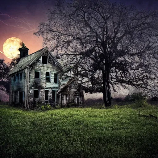 Prompt: photograph of a haunted house, midnight, harvest moon, overgrown yard, dead tree, dilapidated house, hdr, photorealistic