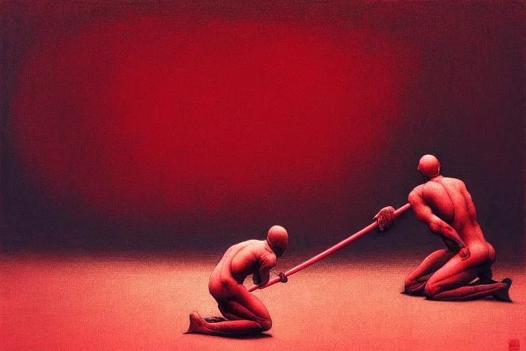 Image similar to only with red, a red samurai do seppuku, tokio, a lot of frogs watch, in the style of beksinski, parts by edward hopper, parts by rodcenko, parts by yue minjun, intricate and epic composition, red by caravaggio, insanely quality, highly detailed, masterpiece, red light, artstation, 4 k