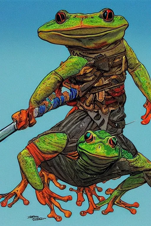 Prompt: Frog Samurai. concept art by James Gurney and Mœbius.