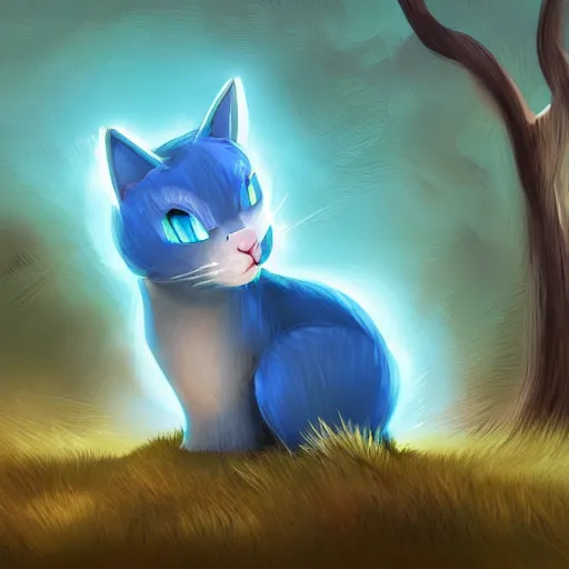 Prompt: illustration of glowing cute blue cat, field and tree, detailed concept art, artstation, warrior cats, shading,