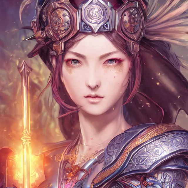 Image similar to studio portrait of lawful good colorful female holy shield paladin as absurdly beautiful, elegant, young sensual anime girl, ultrafine hyperrealistic detailed face illustration by kim jung gi, irakli nadar, intricate linework, sharp focus, bright colors, matte, octopath traveler, final fantasy, unreal engine highly rendered, global illumination, radiant light, intricate environment