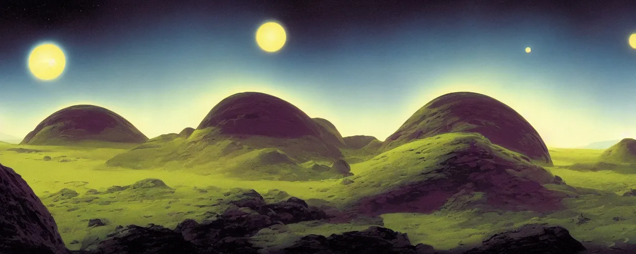 Image similar to outer planet landscape by roger dean, [ cinematic, epic, opening shot, establishing, mattepainting, 4 k ]