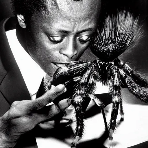 Image similar to miles davis petting a giant hairy spider with big eyes