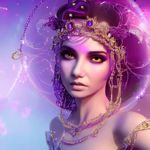 Image similar to portrait princess of amethyst, glowing, ornate and intricate purple jewelry, jaw dropping beauty, glowing background lighting, purple accent lighting, hyper detailed, fairy tale, 4 k octane render