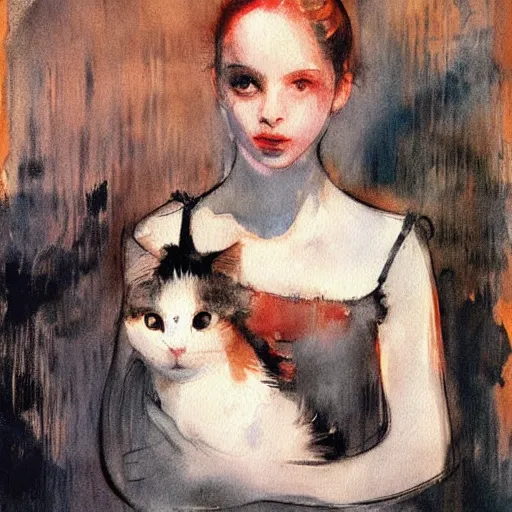 Prompt: Ciri holding a cat, art, minimalistic painting, watercolor on paper, high quality, by Edgar Degas, by Berthe Morisot, by Conrad Roset