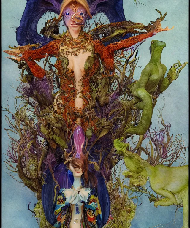 Image similar to a portrait photograph of a meditating fierce colorful harpy antilope super villian girl with slimy amphibian scaled blue skin. she is wearing a living organic dress. by donato giancola, hans holbein, walton ford, gaston bussiere, peter mohrbacher and brian froud. 8 k, cgsociety, fashion editorial