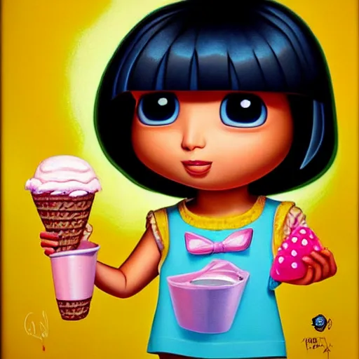Image similar to dora the explorer as real girl holding ice cream, Pop Surrealism lowbrow art style, by Mark Ryden, artstation