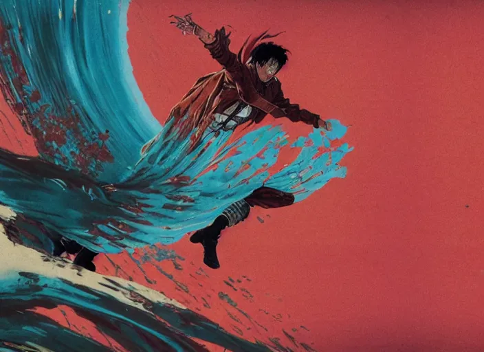 Prompt: attack on titan, kanagawa wave by francis bacon, surreal, norman rockwell, greg hildebrandt, vibrant red background, by greg rutkowski, exotic vegetation, tristan eaton, victo ngai, complimentary color, pink and teal and orange and purple, a still from the film alien, beksinski, hyperrealism