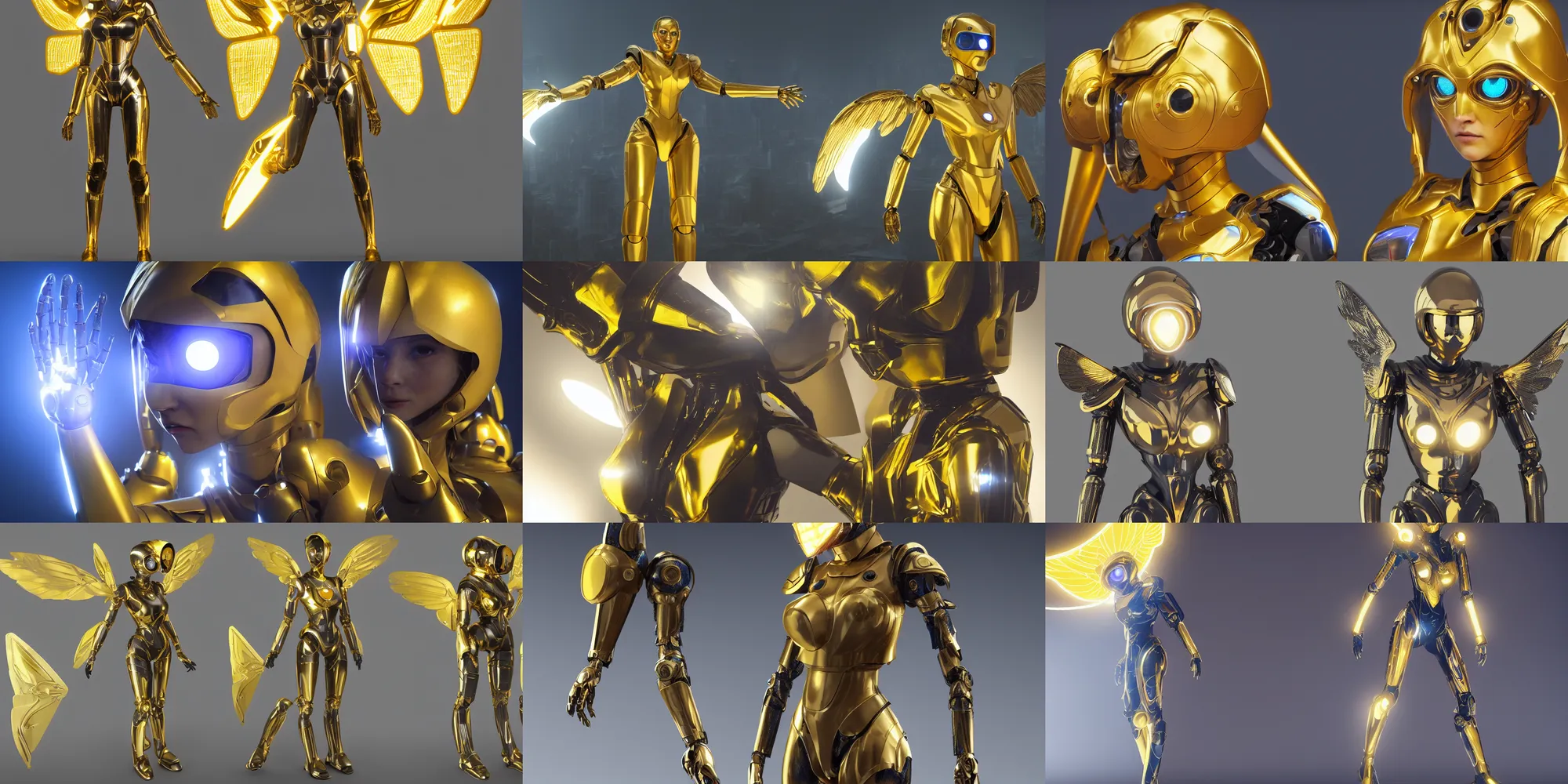 Prompt: maria of metropolis, humanoid robot, golden full body armor, wide deployed wings, beautiful helmet in the shape of a face, glowing yellow eyes, scifi, glowwave, futuristic, raytracing, cinematic lighting, artstation, divine, unreal engine 5 rendered, art style by pixar warner bros dreamworks disney and kazuya takahashi