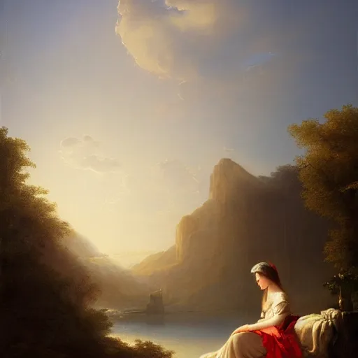 Prompt: a painting of a woman in a white dress pondering life as she watches the sun set, nature, a painting by claude joseph vernet, deviantart, fantasy art, sunrays shine upon it, deviantart, mystical