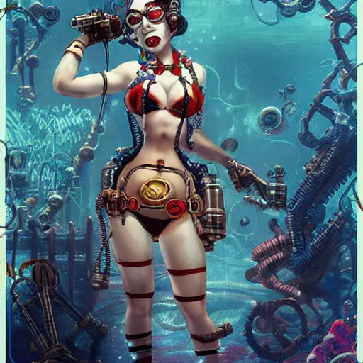 Prompt: underwater lofi bioshock steampunk biopunk portrait of harley quinn in bikini, Pixar style, by Tristan Eaton Stanley Artgerm and Tom Bagshaw.