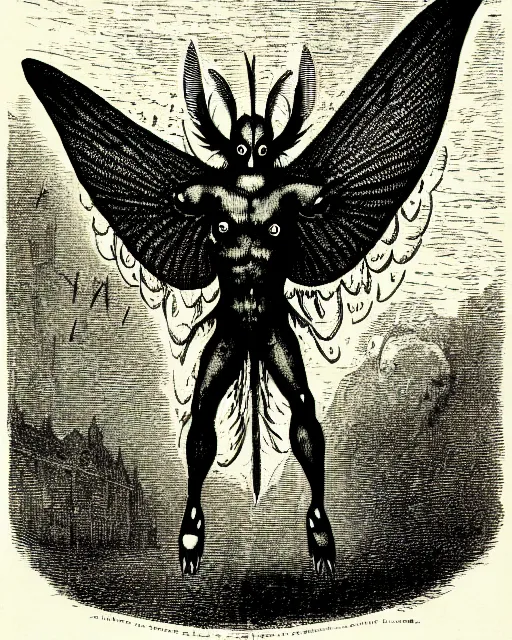 Prompt: illustration of mothman from the dictionarre infernal, etching by louis le breton, 1 8 6 9, 1 2 0 0 dpi scan