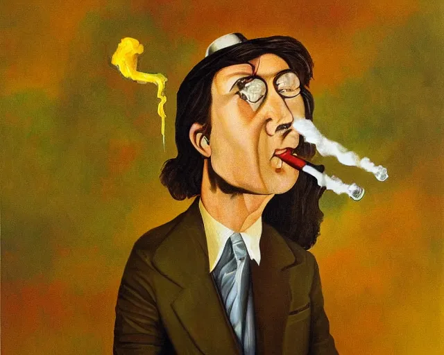 Image similar to a surreal painting of man smoking a joint