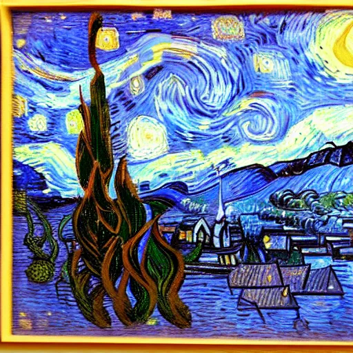 Image similar to Big bear lake California drawn by Vincent van Gogh, 8k