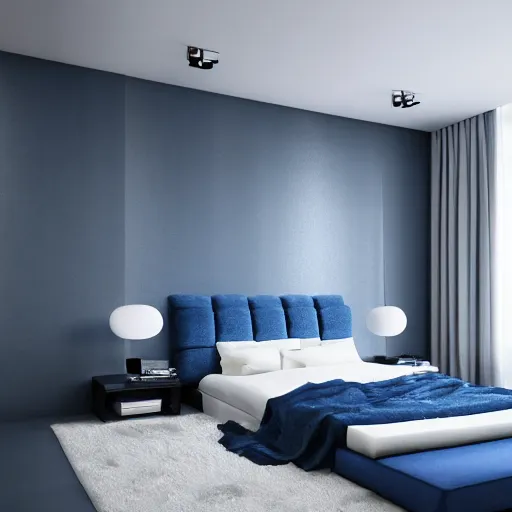 Prompt: designer photograph of minimalist bedroom, colors of blues and grey