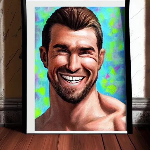 Image similar to chad muscles hero male sharp chin big smile portrait painting