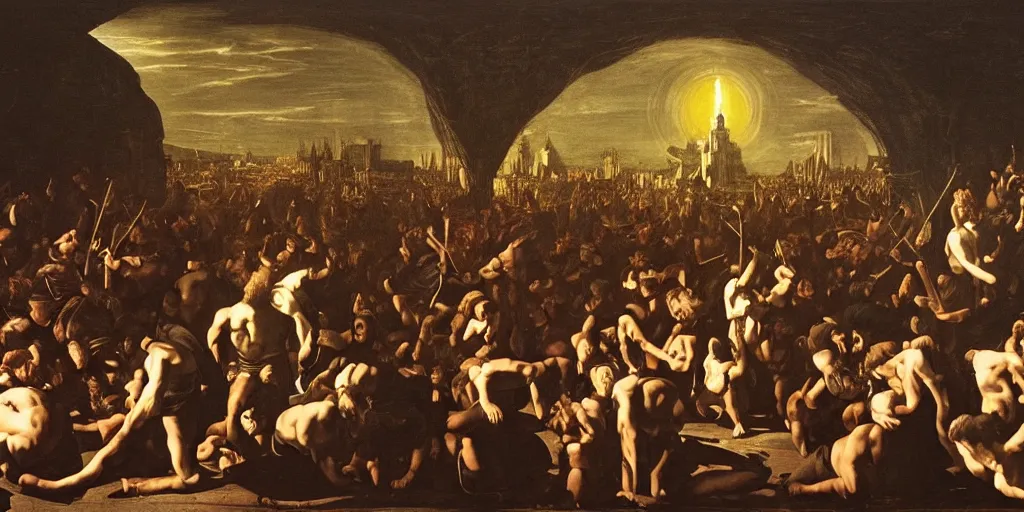 Prompt: huge crowd of unruly people enjoying dark ritual music, high detail baroque oil painting, golden ratio, volumetric light, godrays, terrifying geometry, alan lee, caravaggio, michelangelo