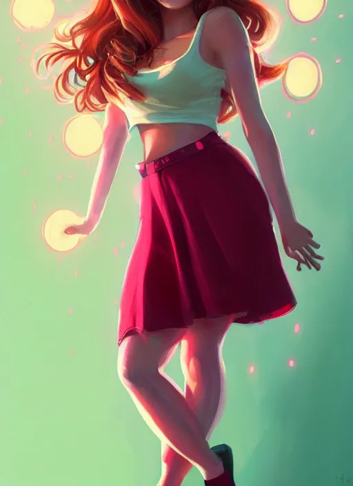 Image similar to full body portrait of teenage cheryl blossom, bangs, green eyes, sultry expression, red hair, sultry smirk, bangs and wavy hair, pink skirt, intricate, elegant, glowing lights, highly detailed, digital painting, artstation, concept art, smooth, sharp focus, illustration, art by wlop, mars ravelo and greg rutkowski