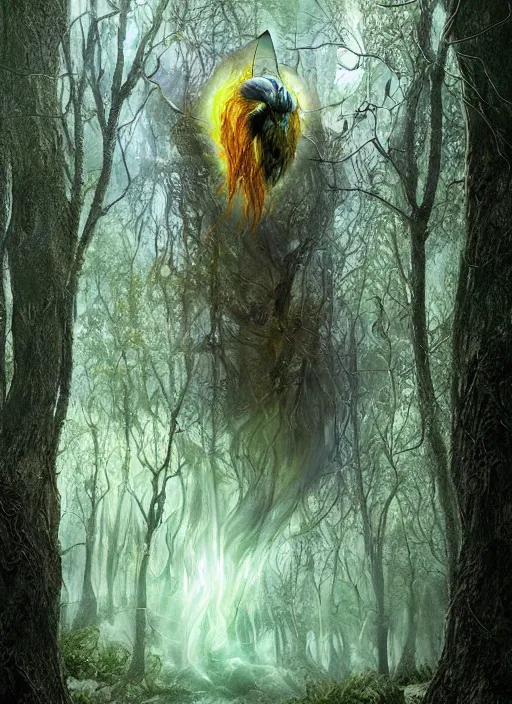 Image similar to photo of a crazy wasp, warped reality, cinematic lighting, magical forest, thunderstorm, flood, fantasy landscape, artstation, art by alison watt, altichiero, americo makk, arthur hughes