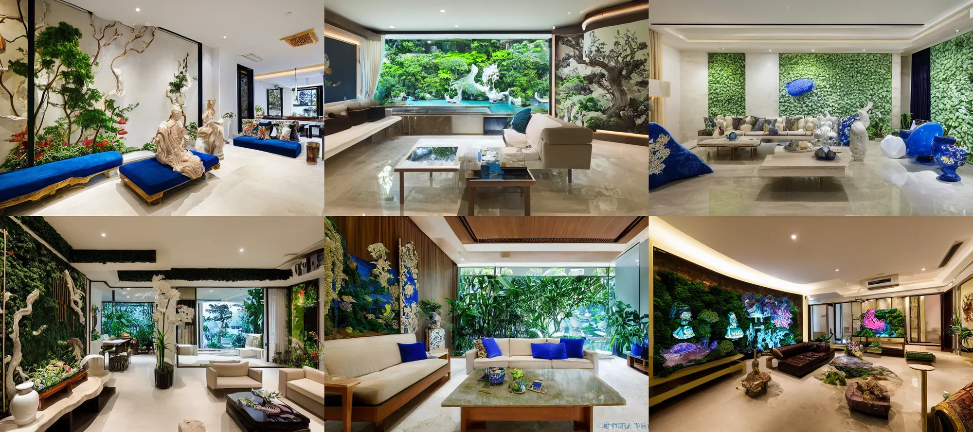 Prompt: luxury lush singaporean garden inside white japanese themed living room with multiversal tv and royal blue couch by james jean and peter mohrbacher and ruan jia, set in travertine terraces waters, elegant, majestic, mystical, high - end