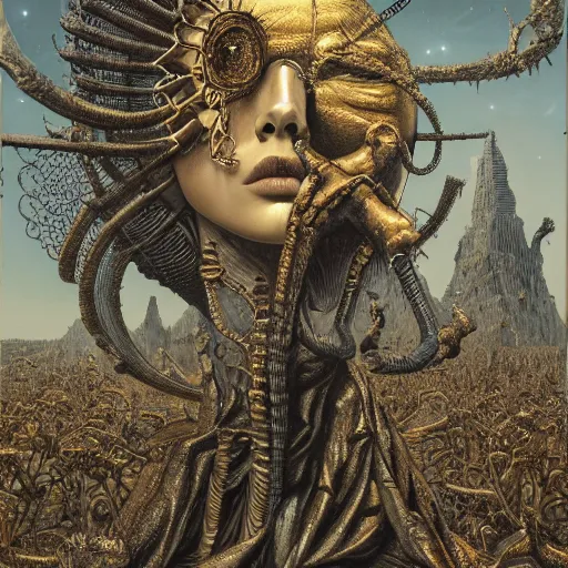 Image similar to Goddess of the golden harvest painting by Dan Hillier and H. R. Giger and Greg Rutkowski, intricate, highly detailed, trending on artstation, artstationHD, artstationHQ, 4k, 8k, sharp, rich vivid colors