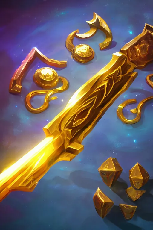 Image similar to a magical golden weapon, d & d, league of legends, concept art, blue background, dramatic lighting. realistic, epic legends, game icon, global illumination, ian pesty