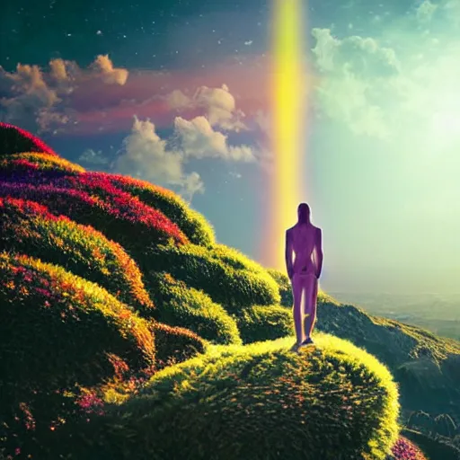 Image similar to A picture of a planet of various colors and plants, in which the human figure is dressed in something magical and impressive, inside the picture is infinity, sunset light, Atmospheric phenomenon, artistic photography, muted colors, conceptual