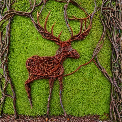 Prompt: small and dense intricate vines, moss, roots, colorful flowers, and tree branches take the detailed form of an elk standing in a lush forest, wicker art, vine art