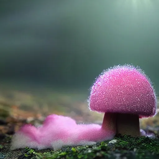 Prompt: an aesthetically pleasing fluffy fuzzy curly furred strawberry cow in a cottagecore mushroom filled forest with a tiny green frog sitting on a toadstool, pink fog, glitter, sparkles and shimmers, ambient occlusion, God rays, national goegraphic