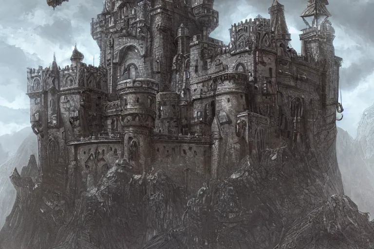 Image similar to A big iron keep overlooking the beautiful castle below it, metal, iron, texture, intricate, details, highly detailed, masterpiece, architecture, building, trending on artstation, focus, sharp focus, concept art, digital painting, fantasy, D&D, tabletop, rpg, roleplay