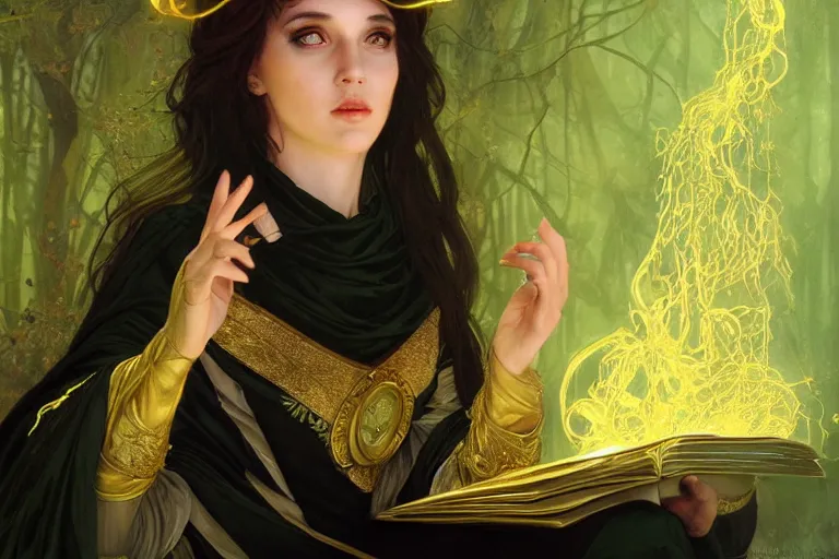 Prompt: a beautiful young sorceress wearing a black robe with gold embroidery, sitting at table, casting a spell, green glows, painted by artgerm and tom bagshaw and alphonse mucha, in the style of magic the gathering, highly detailed digital art