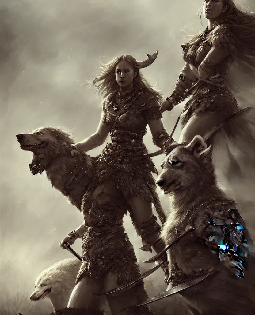 Image similar to a gorgeous!! woman resembling alicia vikander as a viking warrior accompanied by a dire wolf on the battlefield surrounded by the fallen | drawn by wlop, drawn by jeehyung lee, drawn by argerm | intricate, highly detailed, ultra graphics, digital painting, artstation