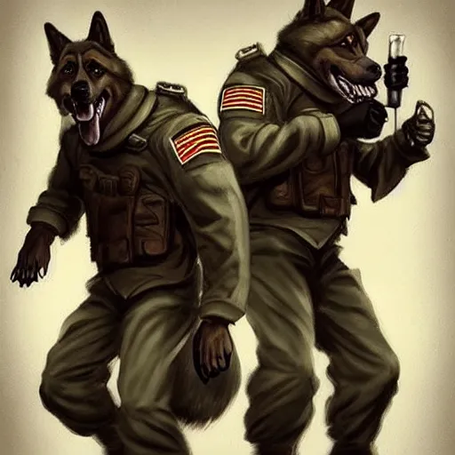 Image similar to two humanoid german shepherds beast - men in military style, they holding a beer, artstation, concept art, smooth, sharp foccus ilustration, artstation