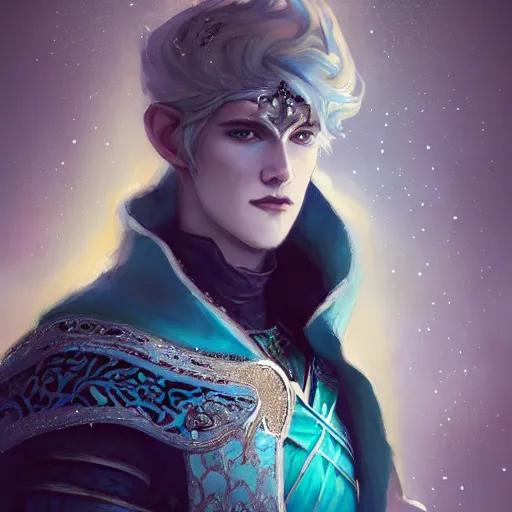 Image similar to half length portrait of a handsome male snow elf in a turquoise cape and silver ornate armour as an archer, albino skin, winter vibes, perfect face, elegant, very coherent symmetrical artwork, atmospheric lighting, rule of thirds, by wenjun lin, krenz cushart, charlie bowater, trending on artstation